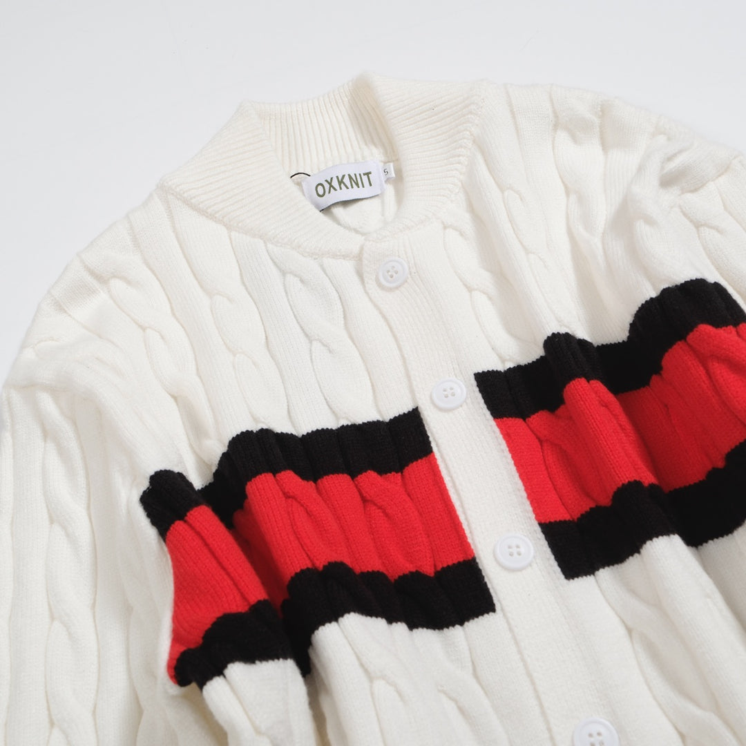 Men's white matching red striped cardigan sweater