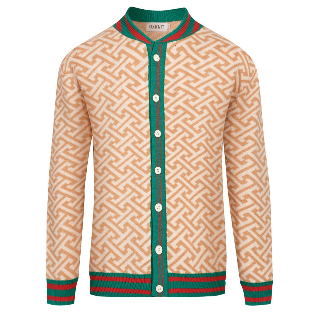 Men's green jacquard vintage cardigan sweater