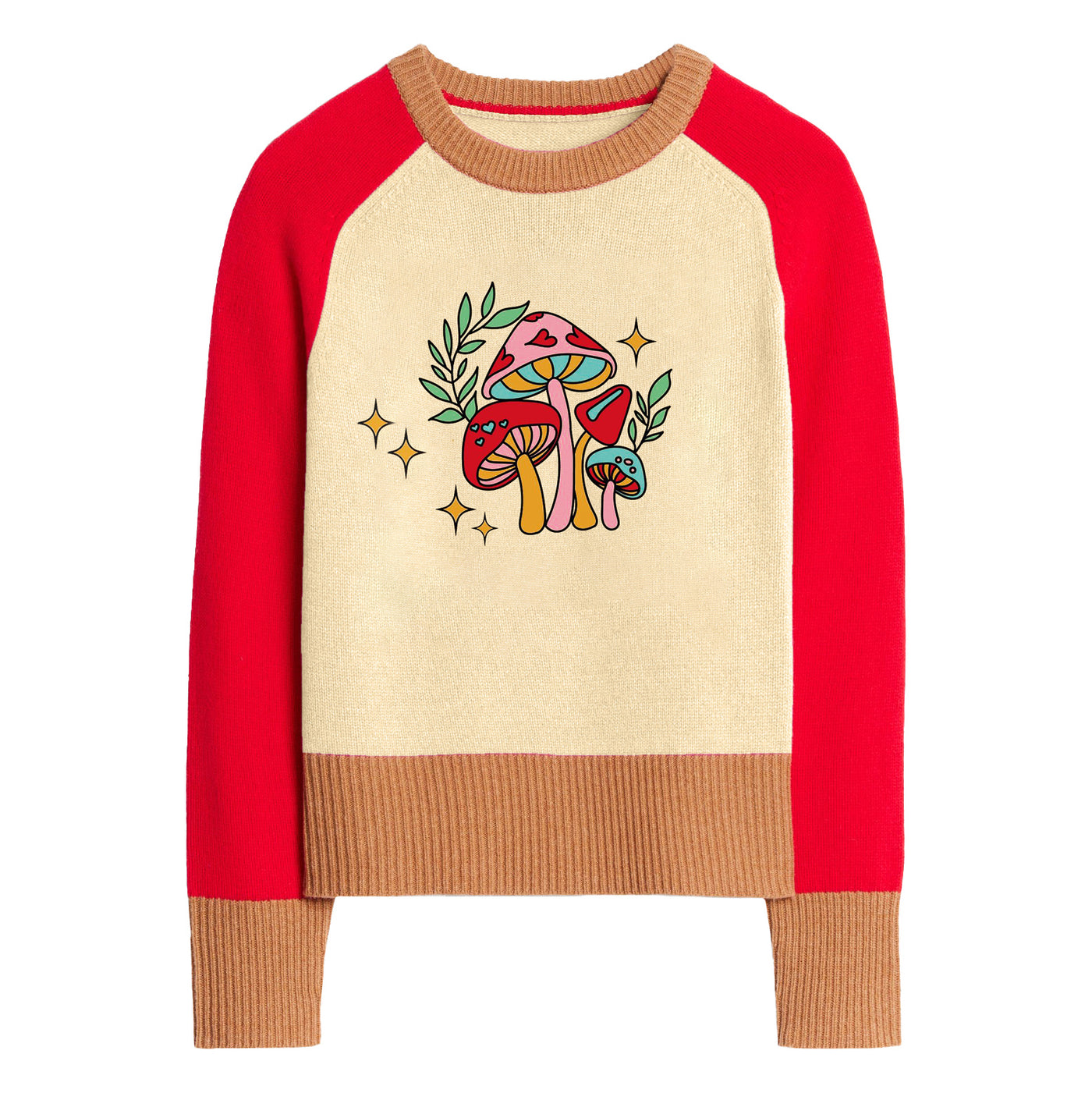 Women's red mushroom garden jacquard sweater