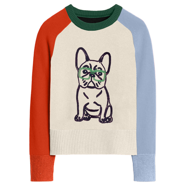 Mehrfarbiger französischer Bulldoggen-Strickpullover