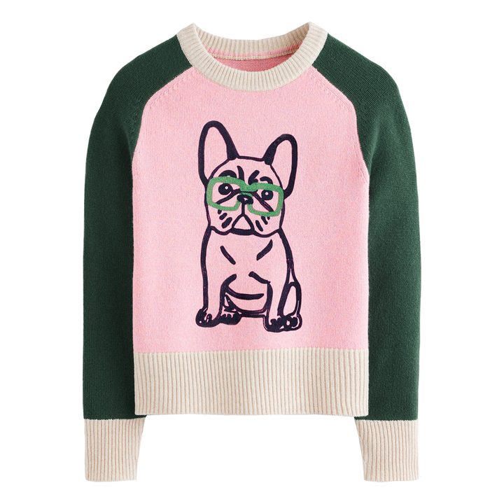 Sweater de bulldog francés a juego de mangas verdes para mujeres