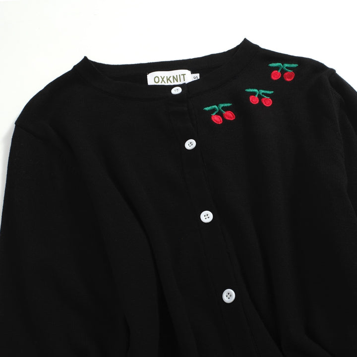 Women's black cherry vintage cardigan sweater-Cropped Length