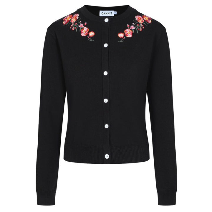 Women's black embroidered floral cardigan sweater-Cropped Length