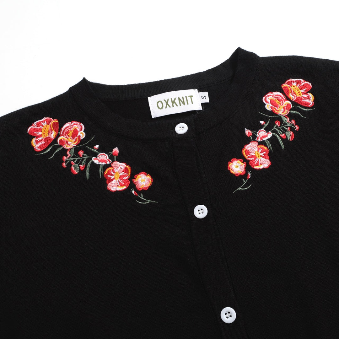 Women's black embroidered floral cardigan sweater-Cropped Length