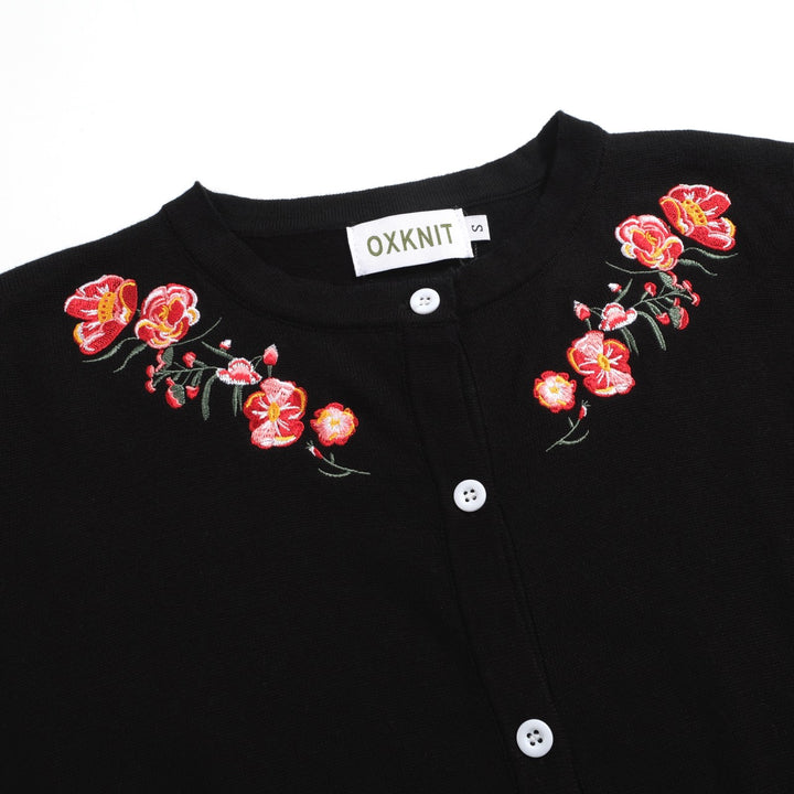 Suéter de cárd de cárd floral bordado negro para mujeres