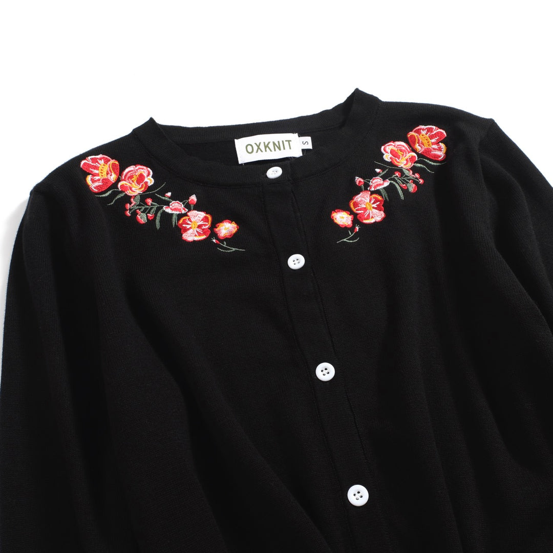 Women's black embroidered floral cardigan sweater