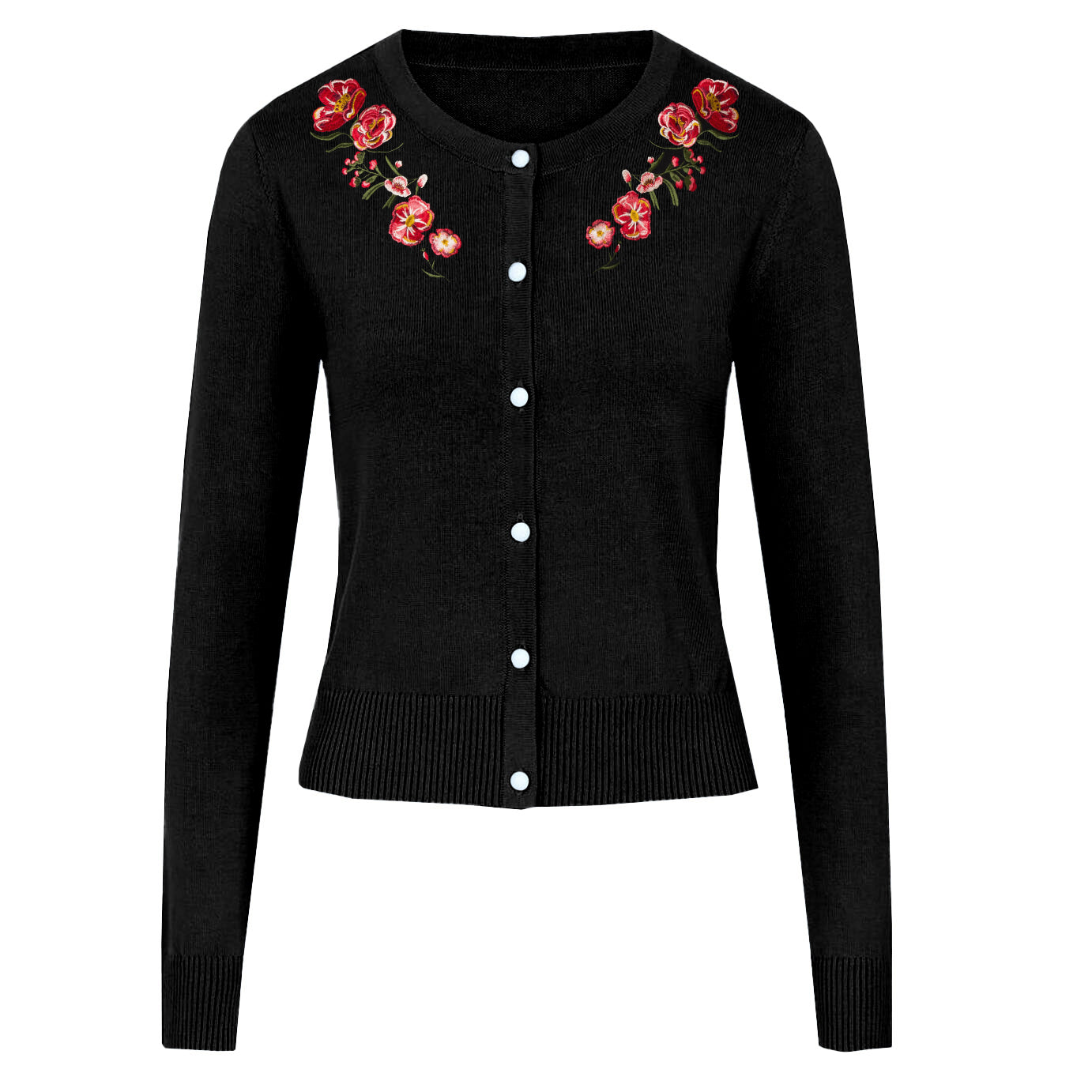 Women's black embroidered floral cardigan sweater