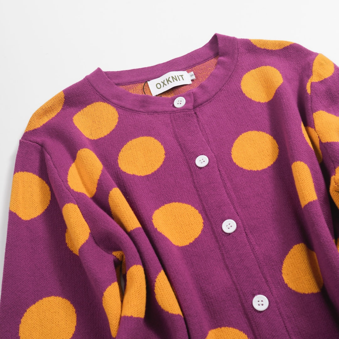 Women's purple polka dot cardigan sweater-Cropped Length