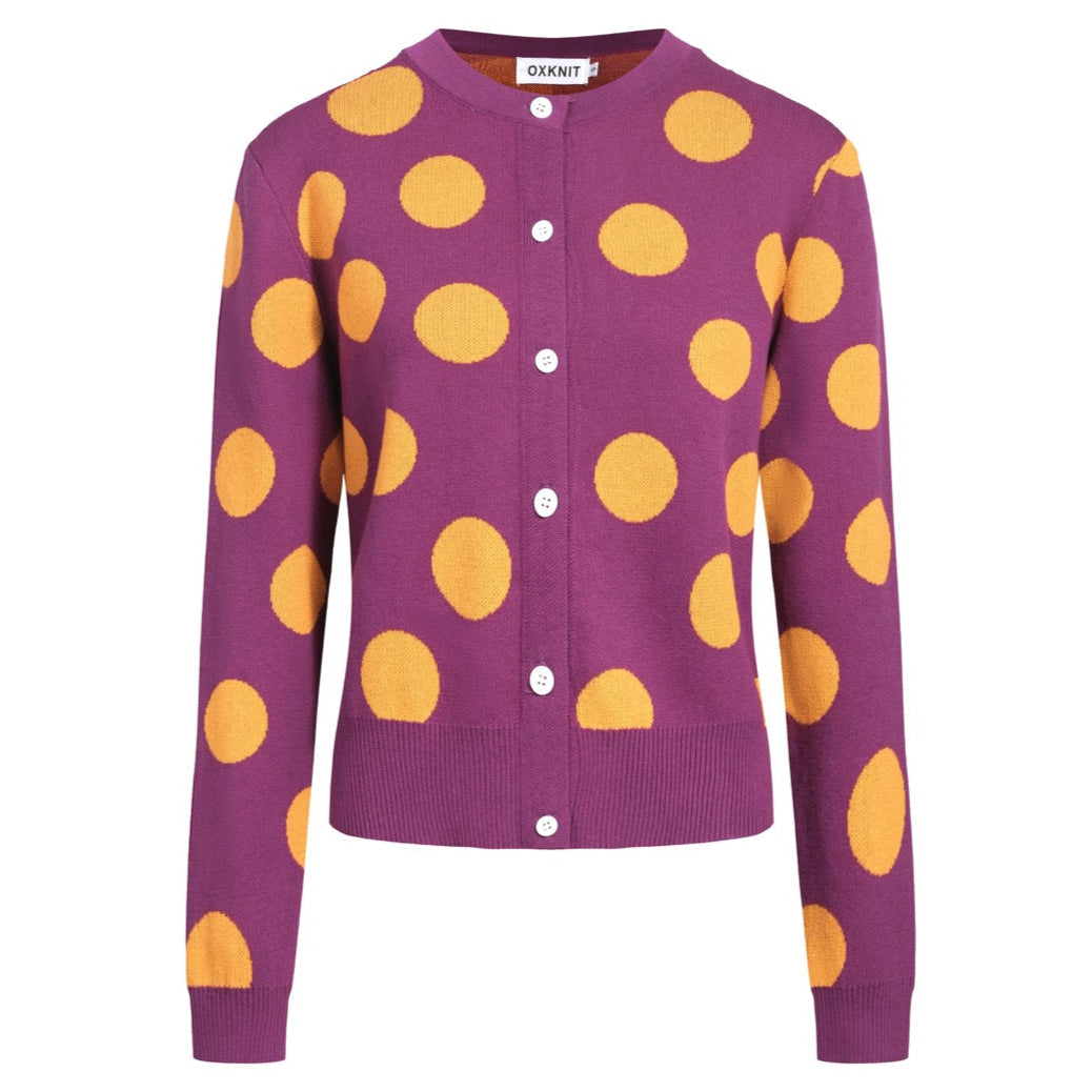 Women's purple polka dot cardigan sweater-Cropped Length