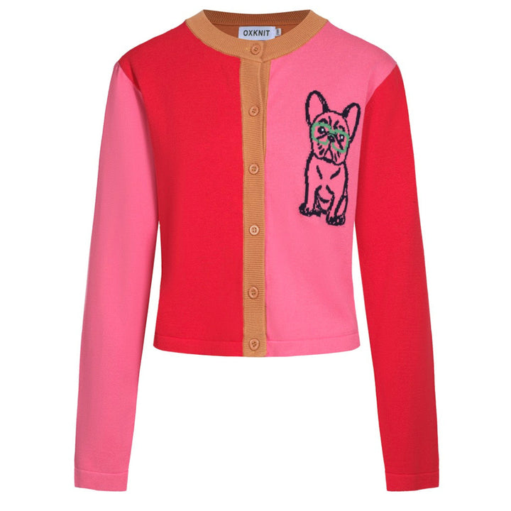 Women's red matching pug cardigan sweater-Cropped Length