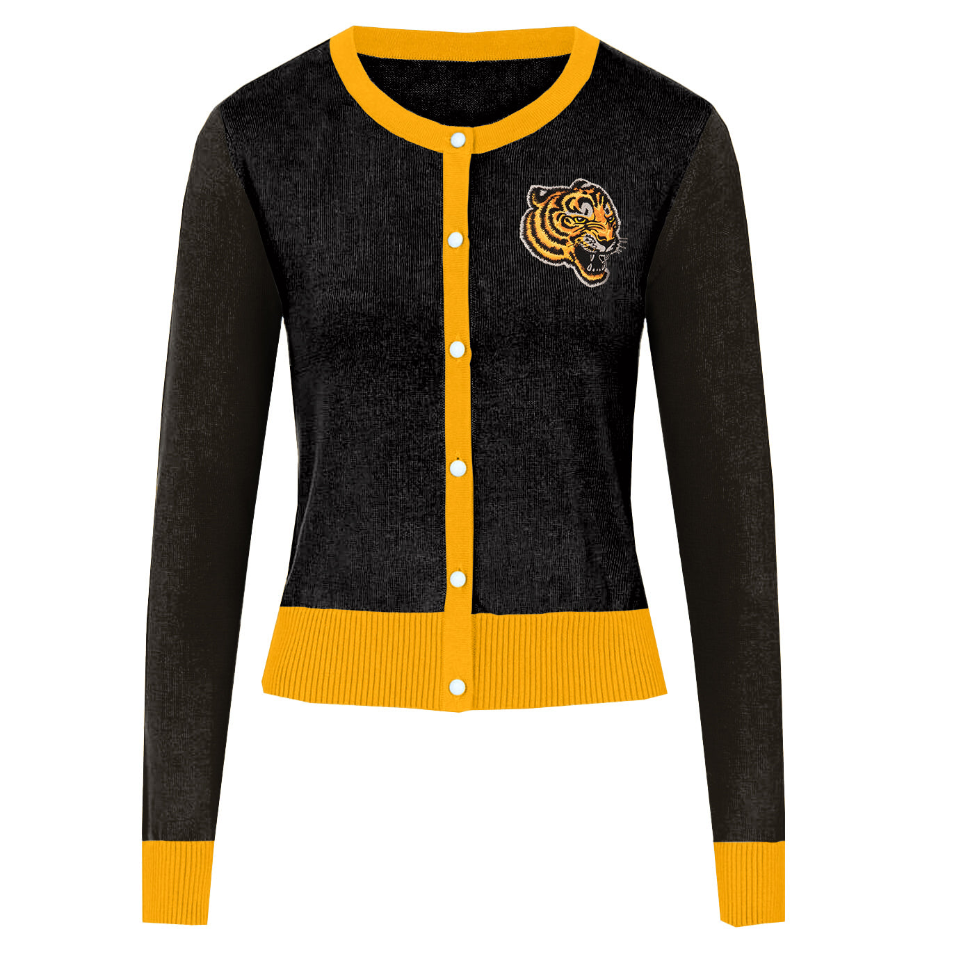 Women's black embroidered yellow cardigan sweater