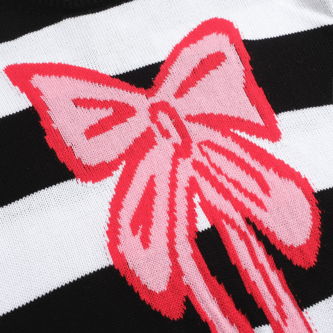 Women's black striped bow Christmas sweater