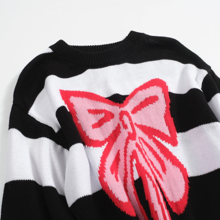 Women's black striped bow Christmas sweater