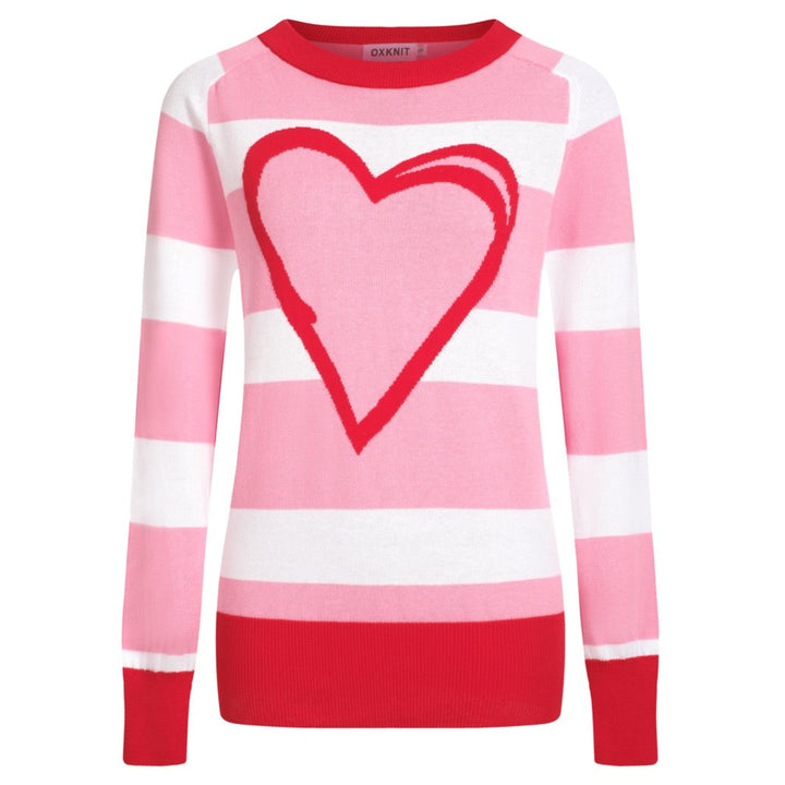 Women's Pink Striped Love Crew-Neck-Pullover