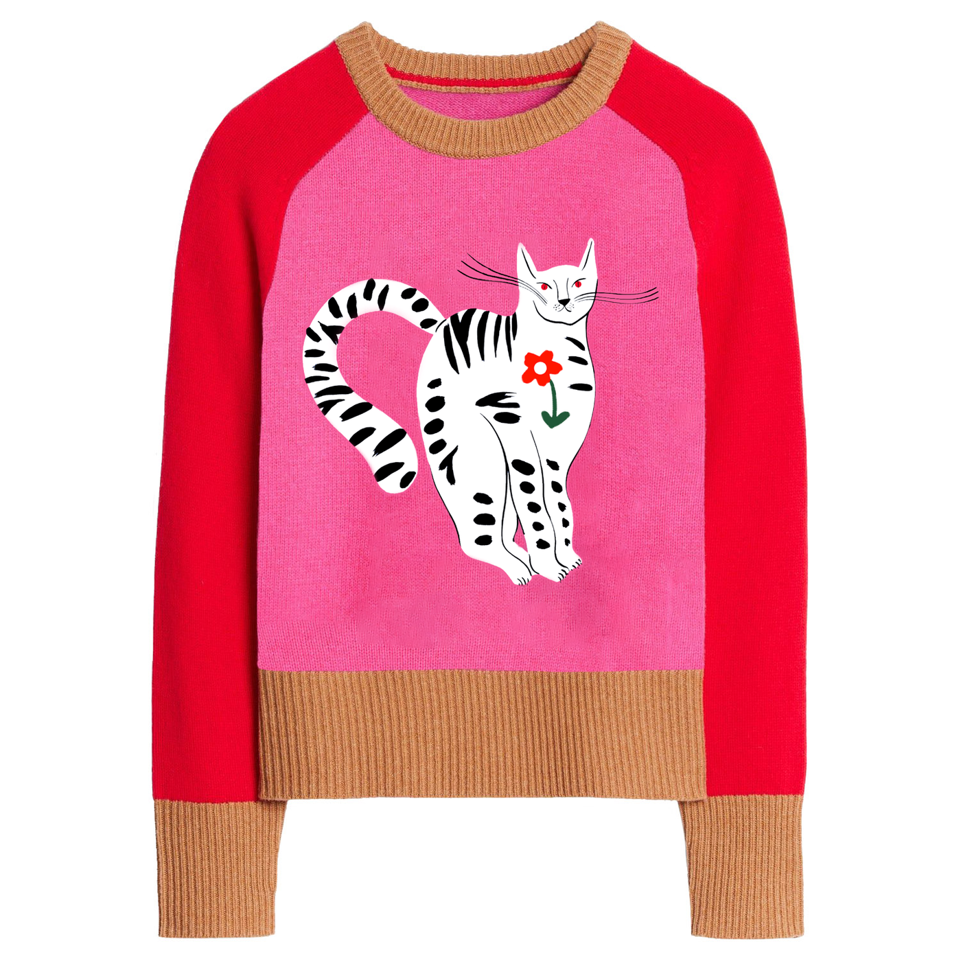 Women's red vintage cat jacquard knit top