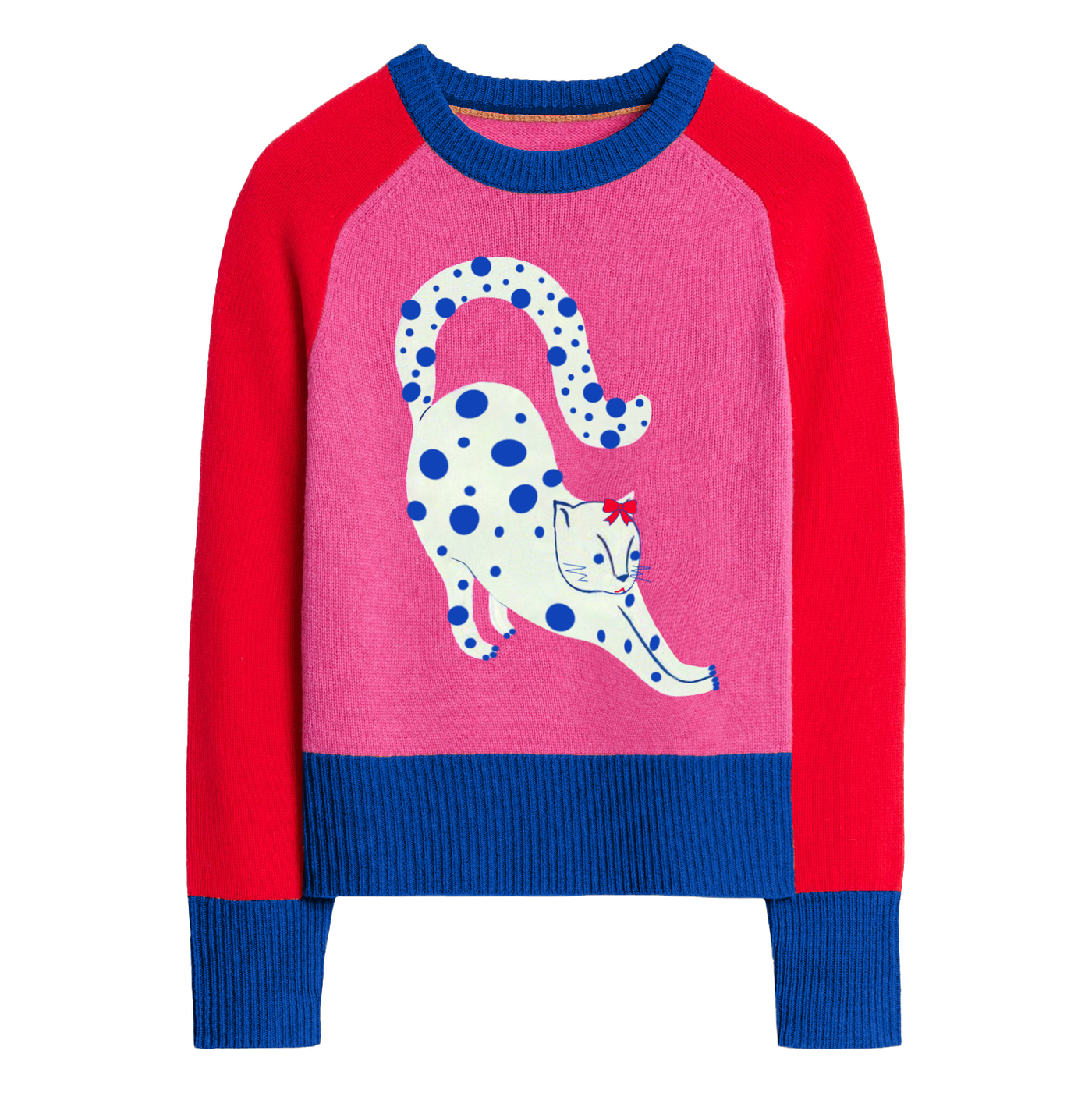 Women's casual red vintage cat jacquard sweater