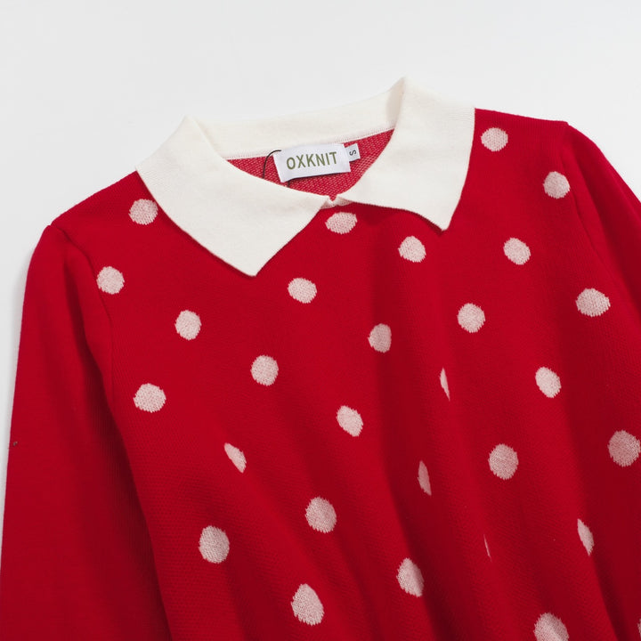 Women's red polka dot vintage lapel sweater