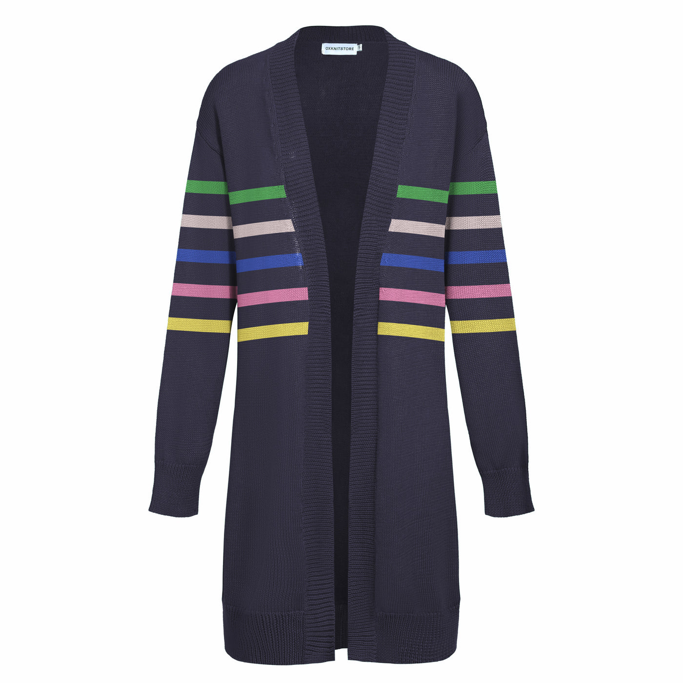 Women's dark blue striped long cardigan knit coat