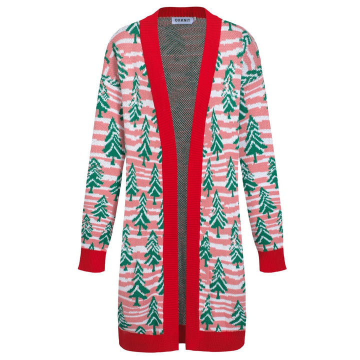 Women's long red jacquard cardigan sweater