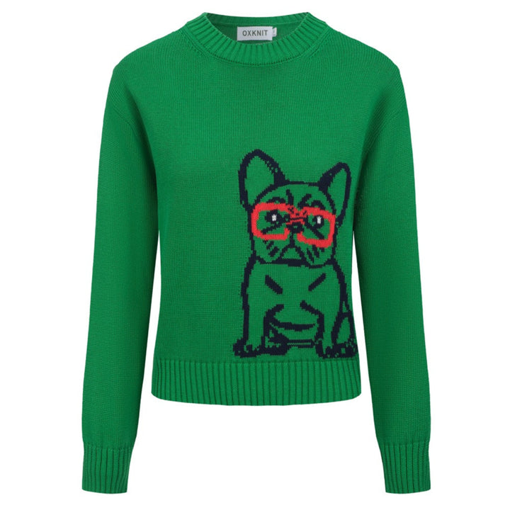 Women's green French bulldog sweater-Cropped Length