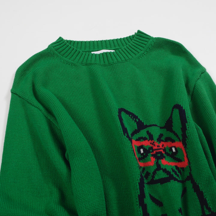 Women's green French bulldog sweater-Cropped Length