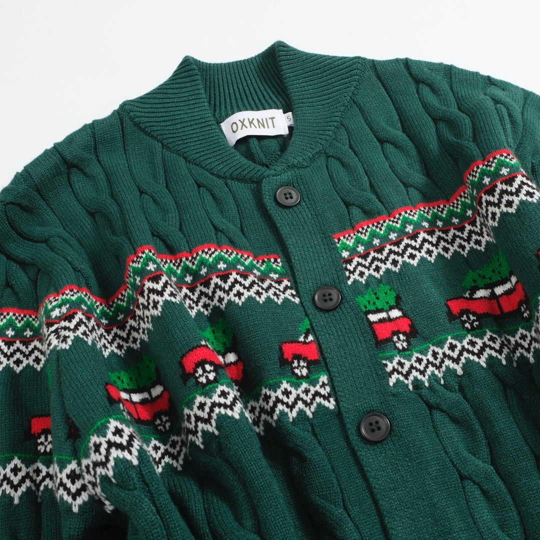 Men's green Christmas jacquard sweater coat