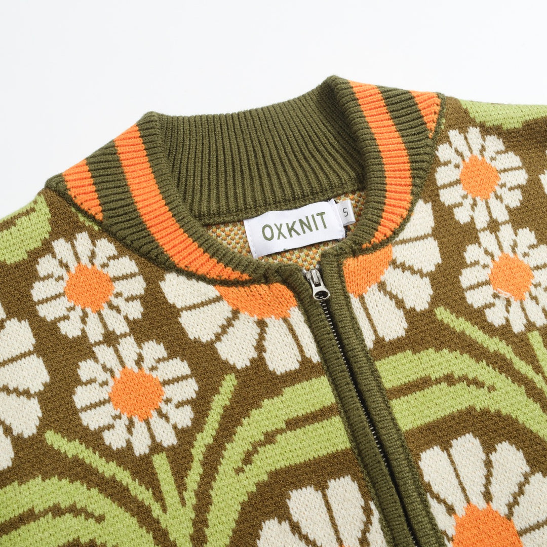 Men's green jacquard zipper cardigan sweater