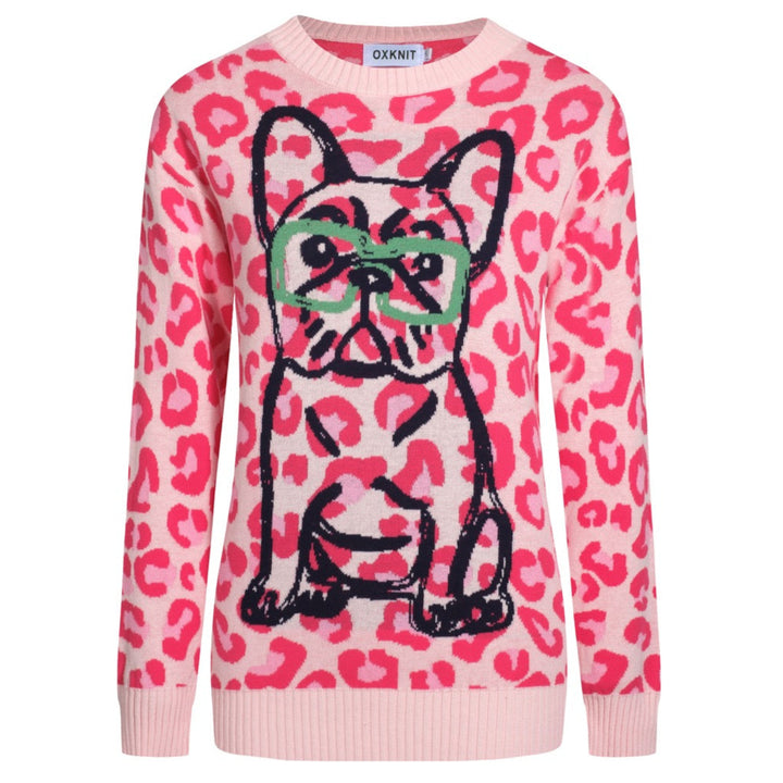 Women's pink leopard print French bulldog sweater