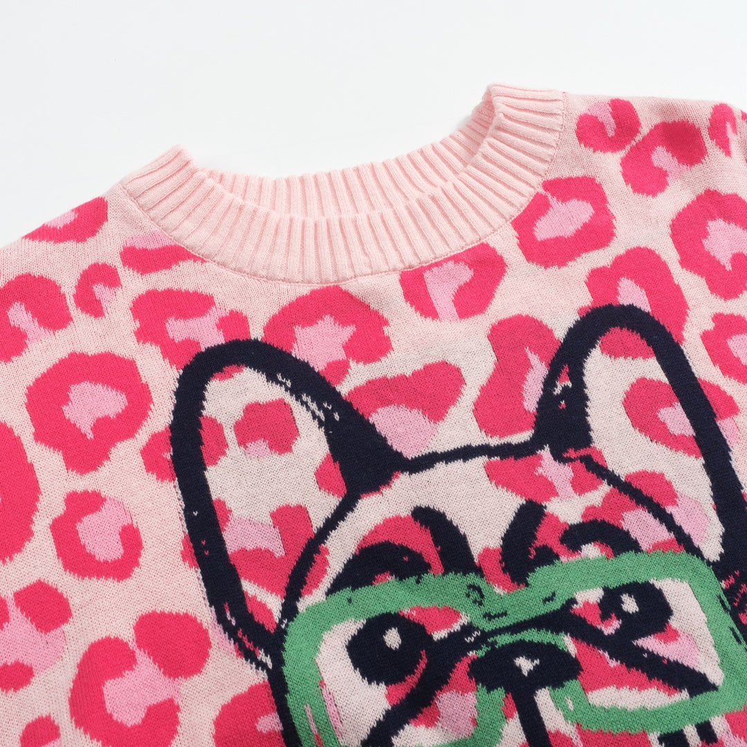 Women's pink leopard print French bulldog sweater