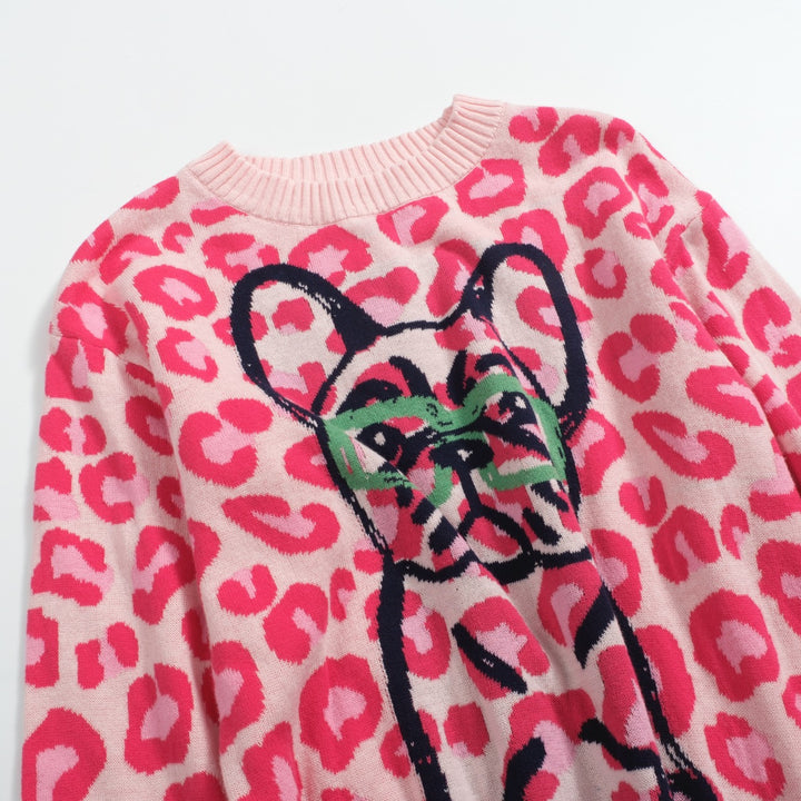 Women's pink leopard print French bulldog sweater