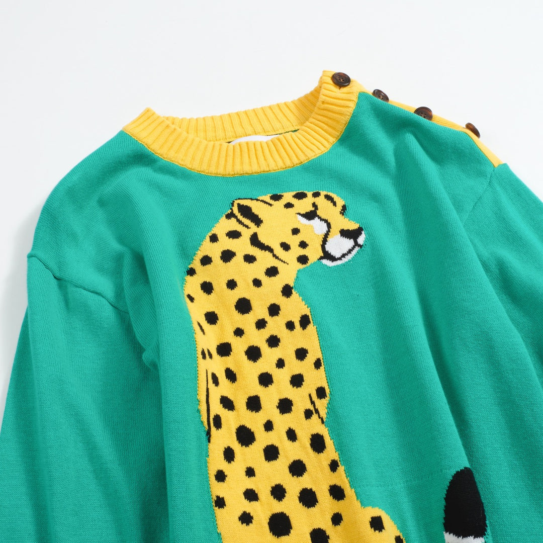 Suéter de jacquard de leopardo verde femenino