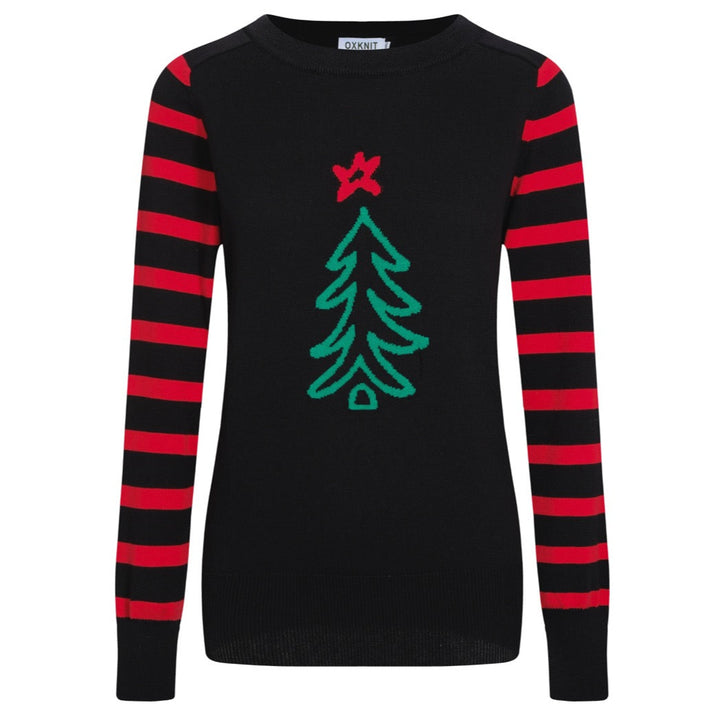 Women's black Christmas tree striped sweater