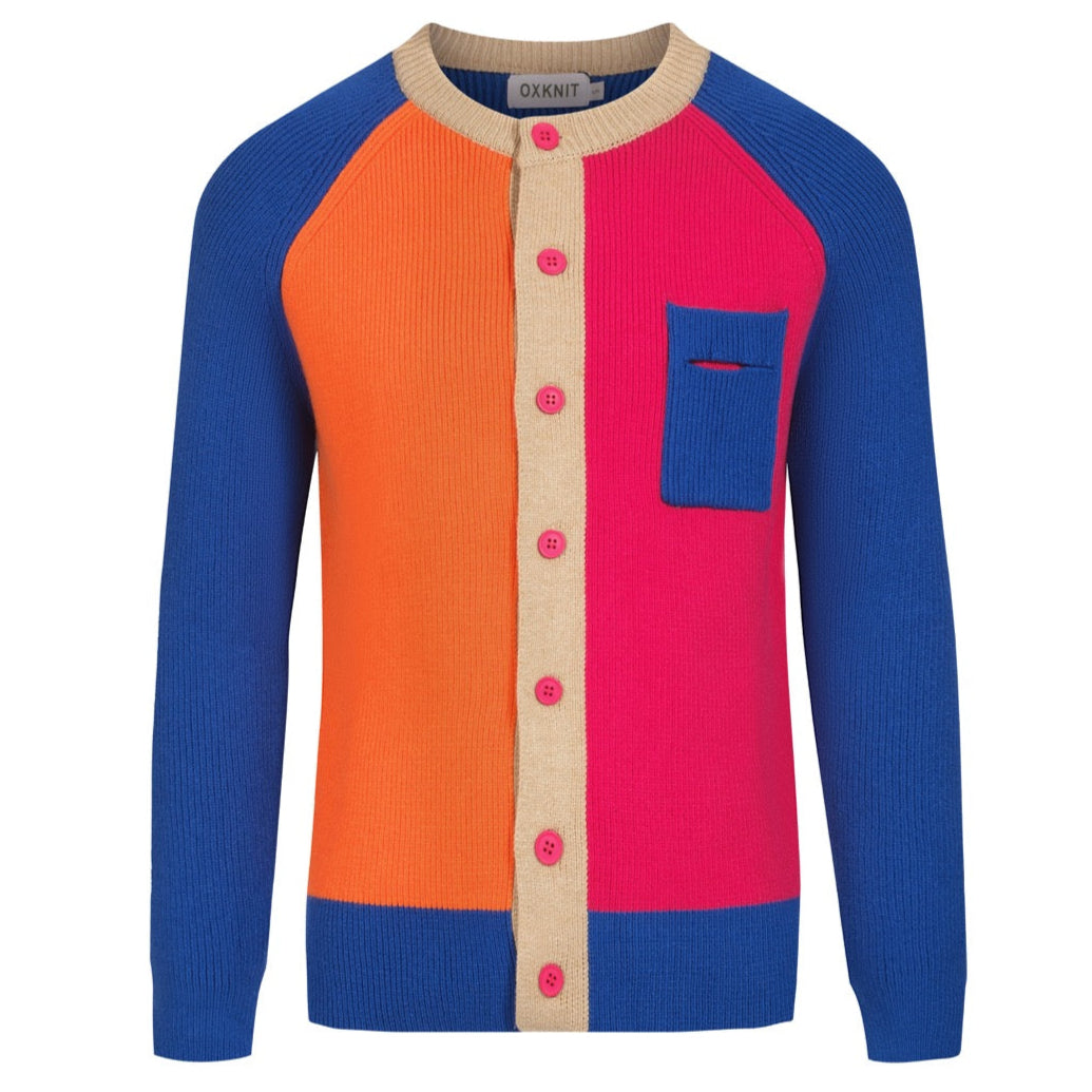 Men's multi-color contrast shoulder cardigan sweater