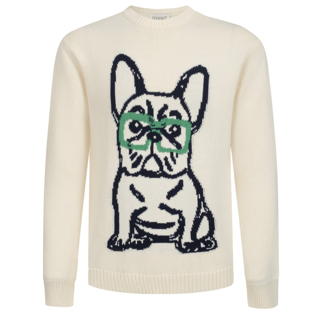 Men's white French Bulldog jacquard sweater