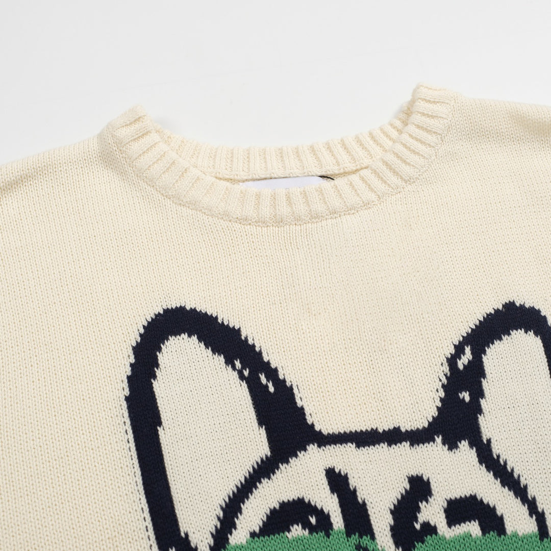 Men's white French Bulldog jacquard sweater