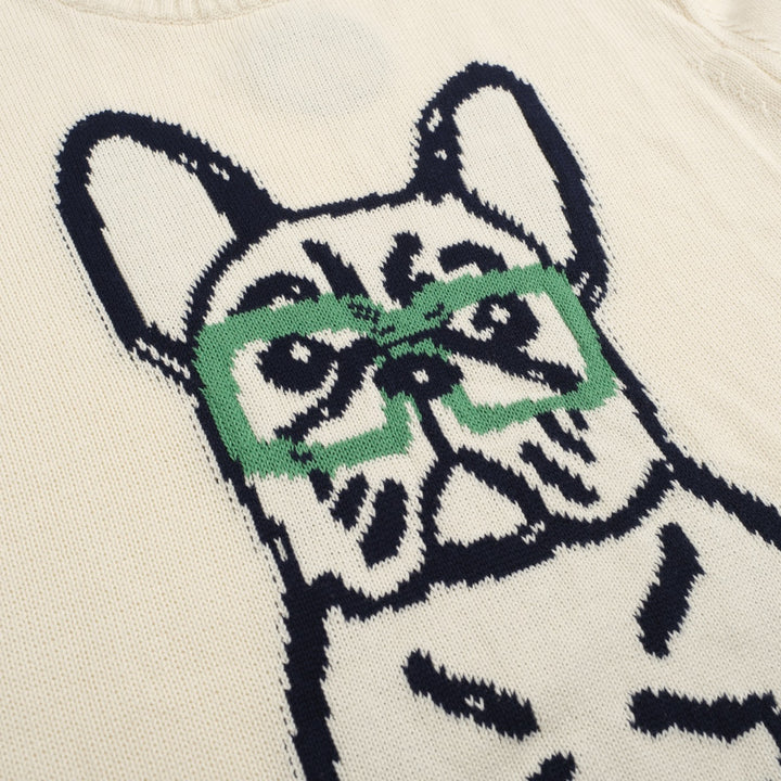 Men's white French Bulldog jacquard sweater