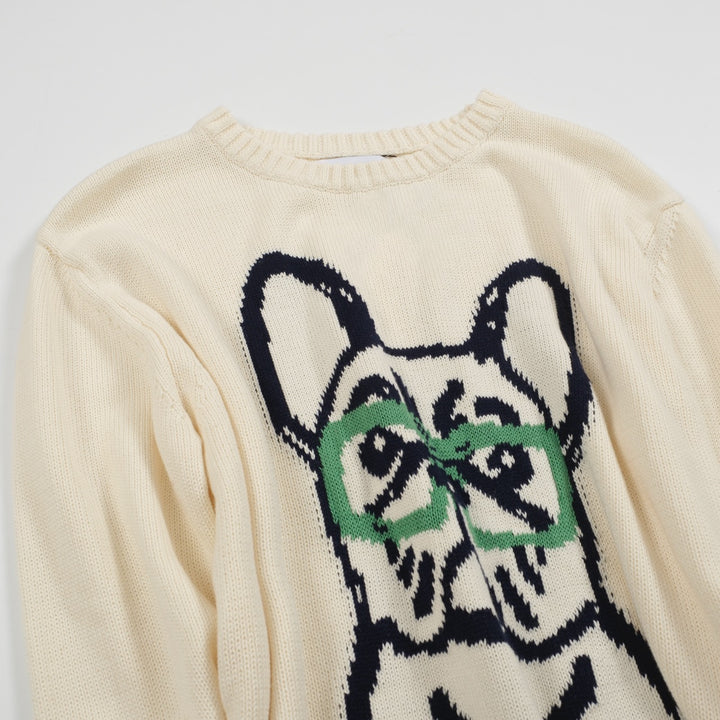 Men's white French Bulldog jacquard sweater