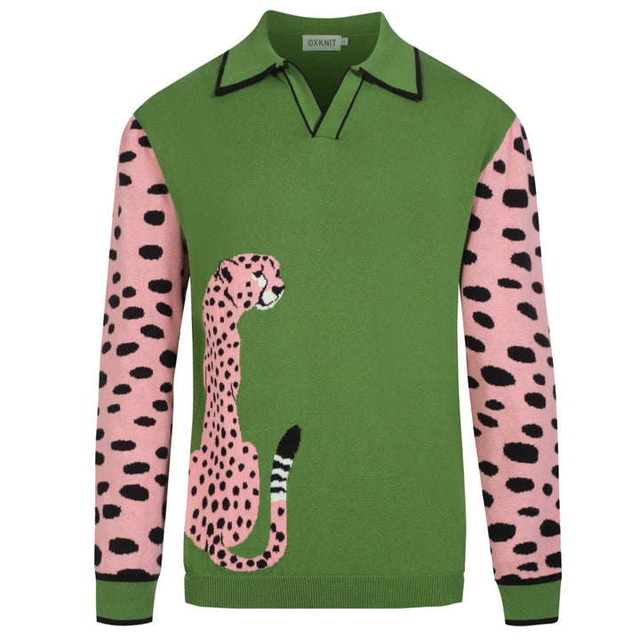 Men's green polka dot Leopard jacquard knit polo