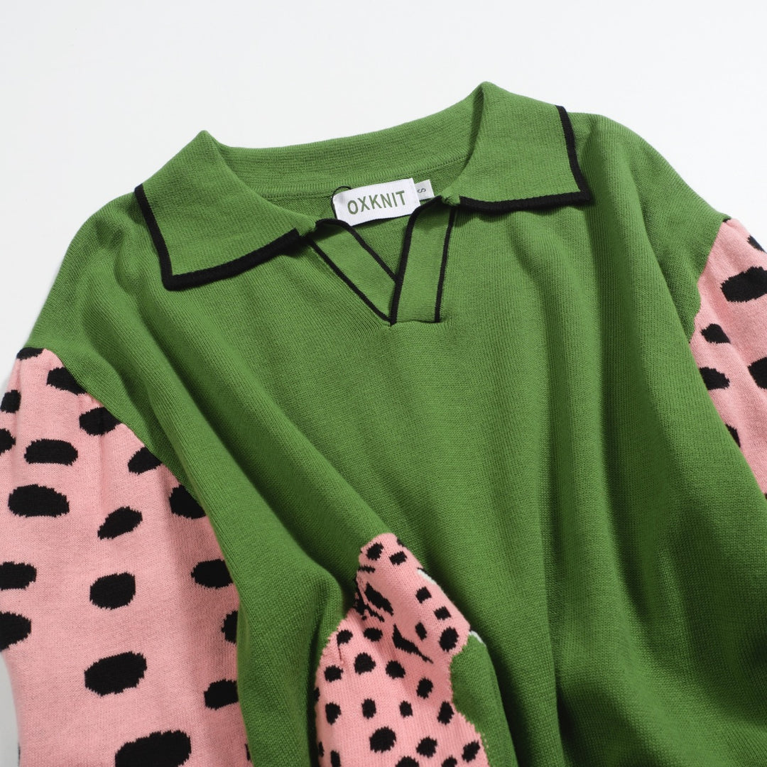 Men's green polka dot Leopard jacquard knit polo