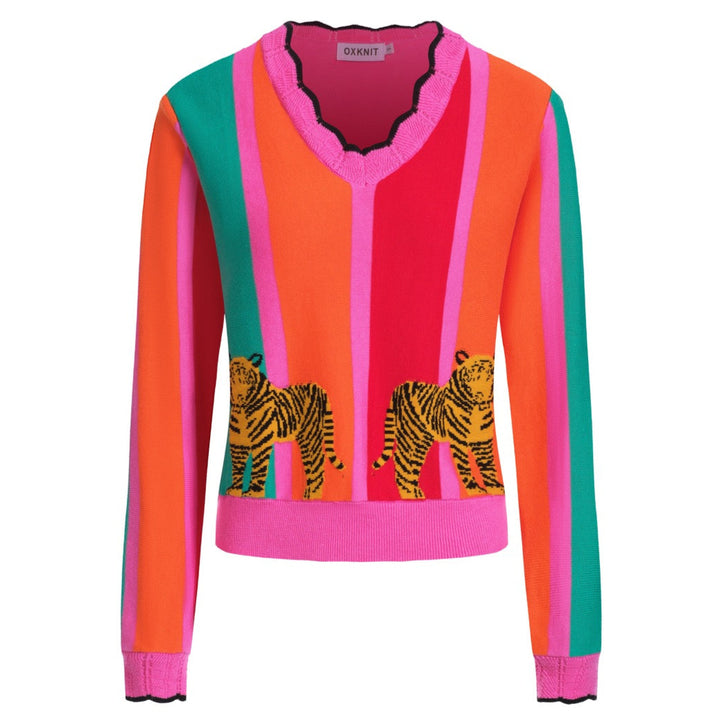 Women's multicolor striped tiger V-neck knitwear