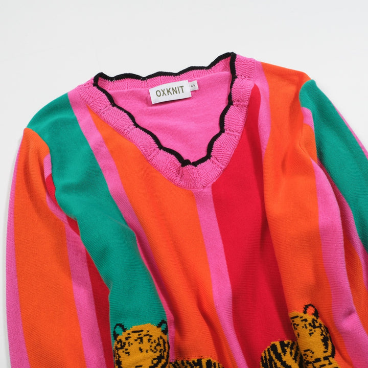 Women's multicolor striped tiger V-neck knitwear-Cropped Length