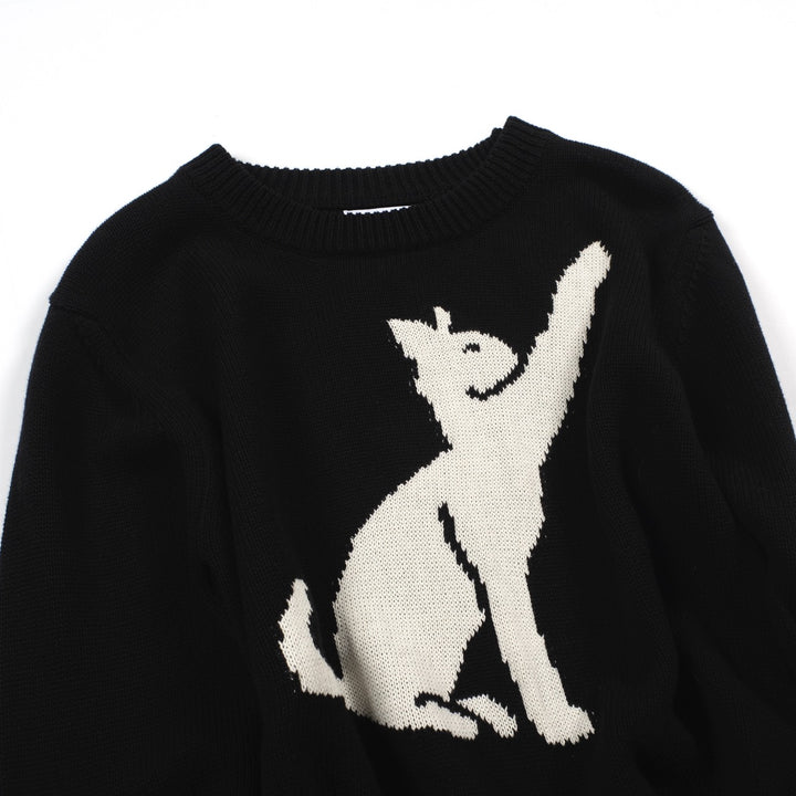 Women's black cat jacquard lantern sleeve sweater