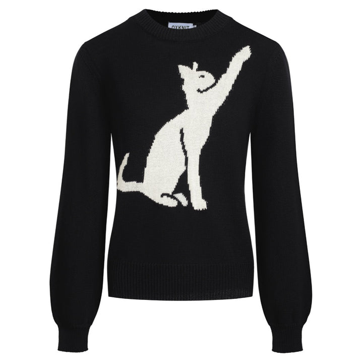 Women's black cat jacquard lantern sleeve sweater