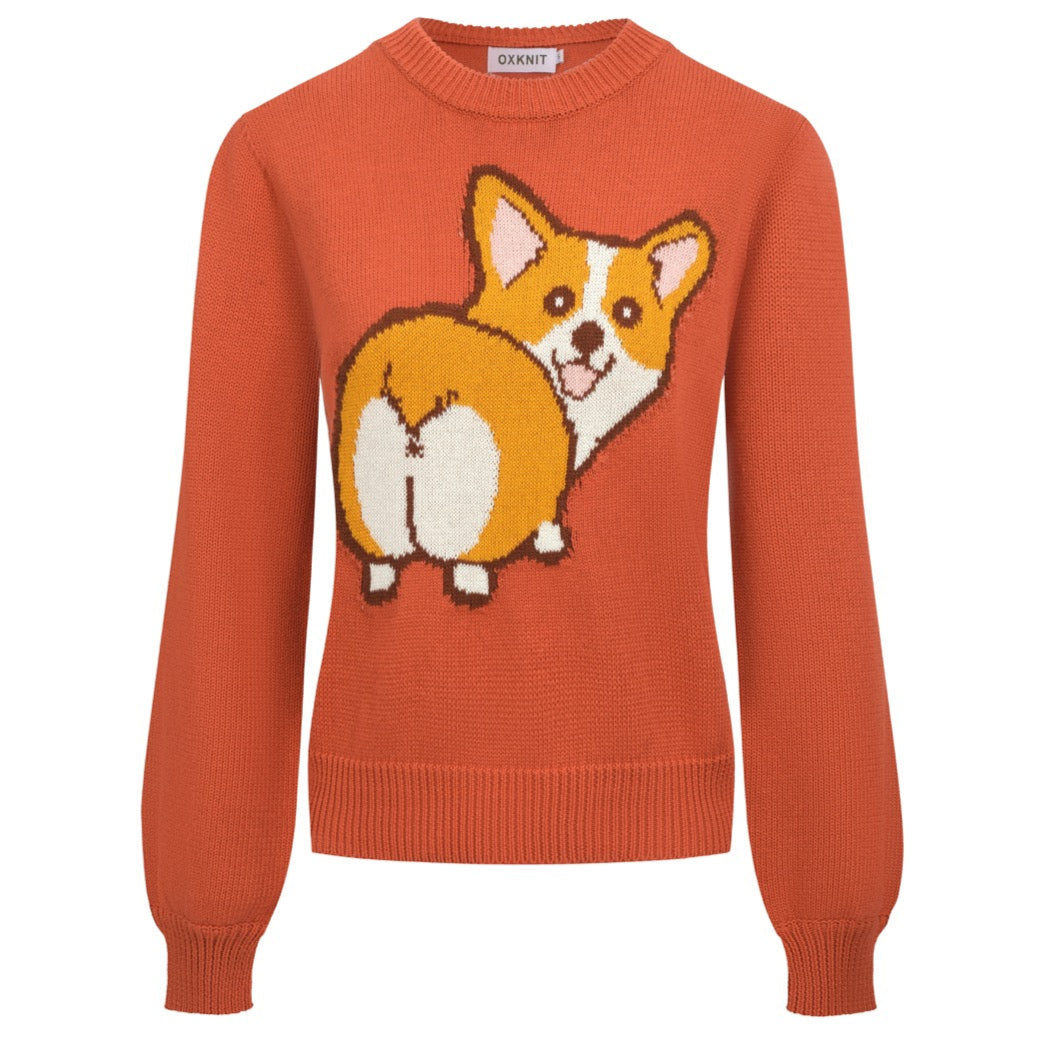 Women's orange corgi jacquard lantern sleeve sweater-Cropped Length