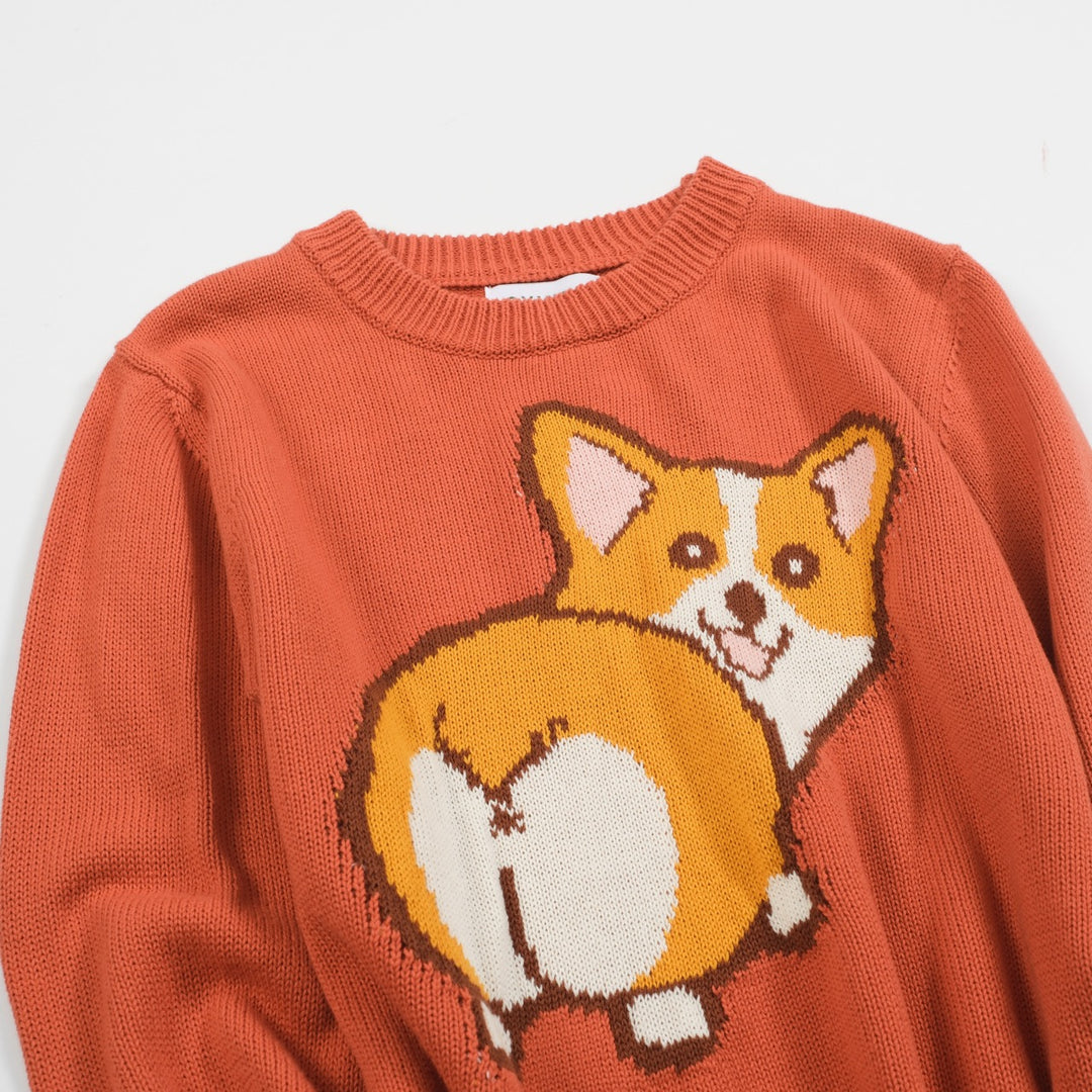 Women's orange corgi jacquard lantern sleeve sweater-Cropped Length