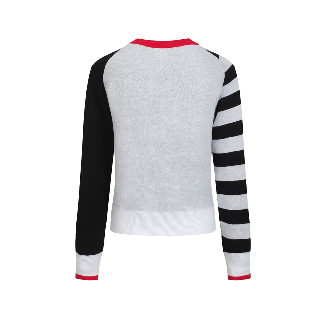 Women's black woolen jacquard striped sweater-Cropped Length