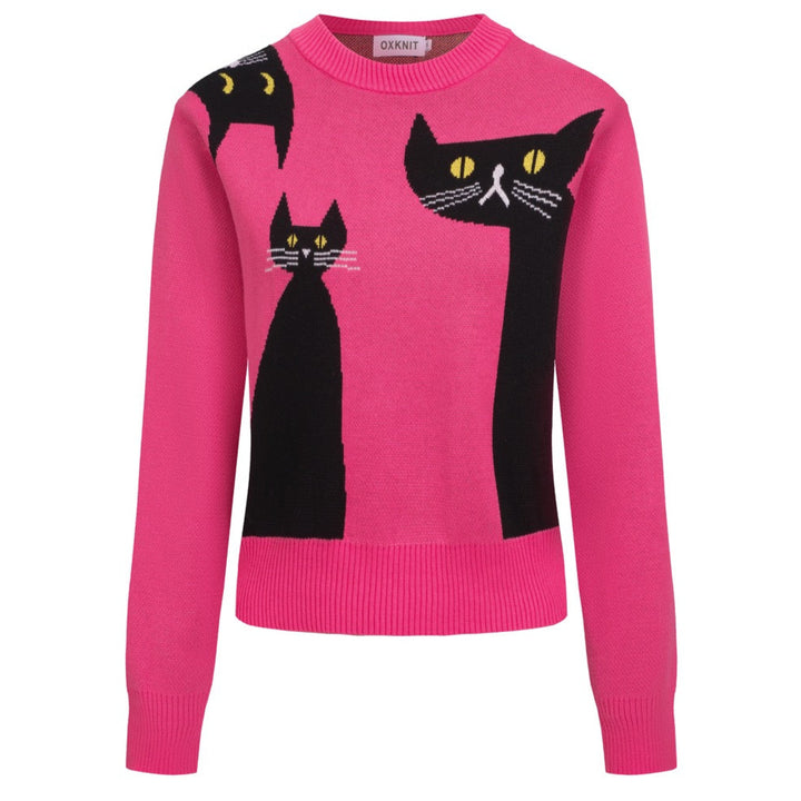 Women's rose jacquard black cat knitwear-Cropped Length