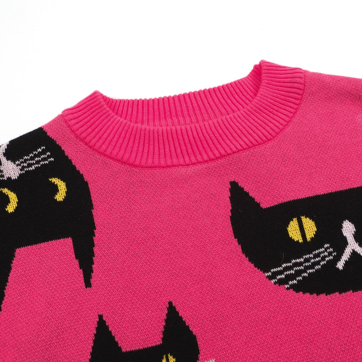 Women's rose jacquard black cat knitwear-Cropped Length