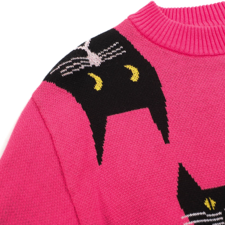 Women's rose jacquard black cat knitwear-Cropped Length