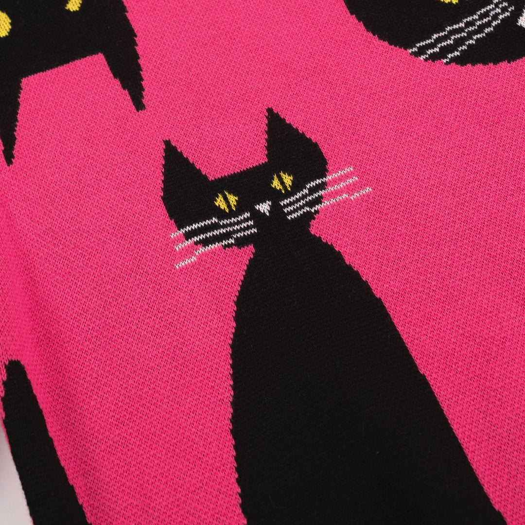 Women's rose jacquard black cat knitwear-Cropped Length